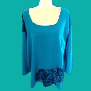 Avenue teal tunic sweater 18-20 acrylic floral accents long sleeve